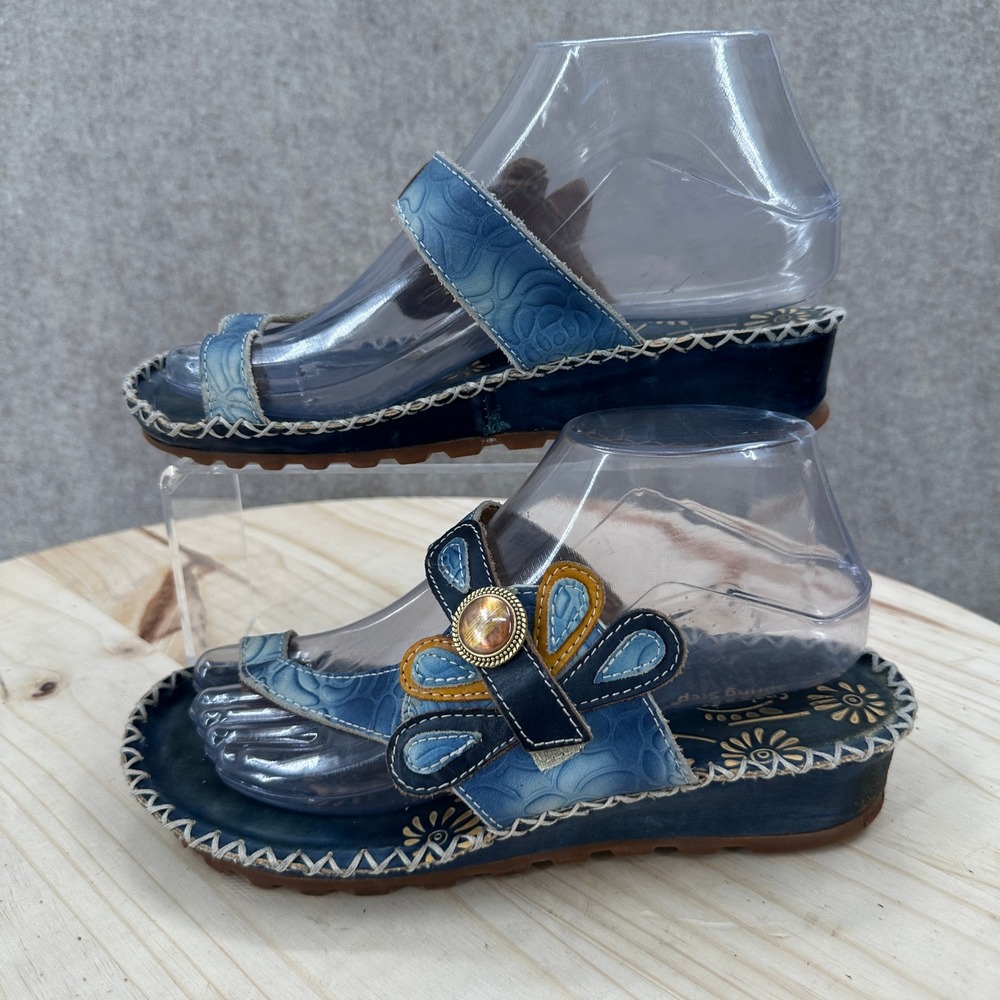 Spring Step L'Artiste Florentina Sandals Womens 6.5-7 Blue Leather Floral Wedge